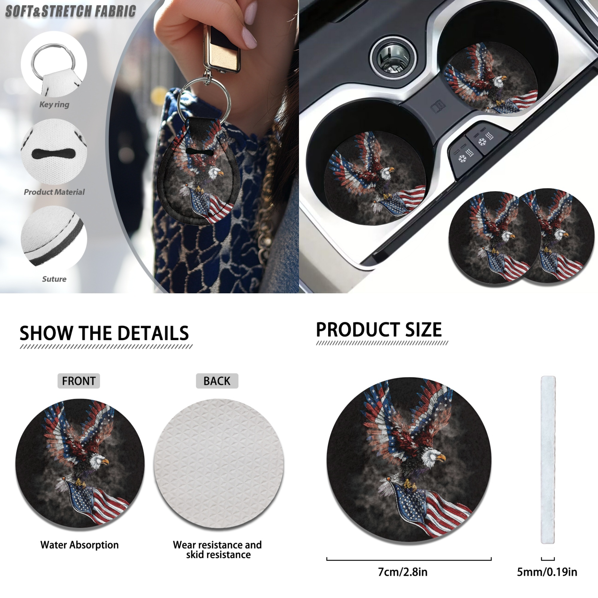 Jeiento Eagle Car Seat Cover Full Set with American Flag Floor Mats Steering Wheel Cover Seatbelt Pad Armrest Cover Coasters Keychains Lipstick Holder Universal Auto Interior Accessories Set of 17