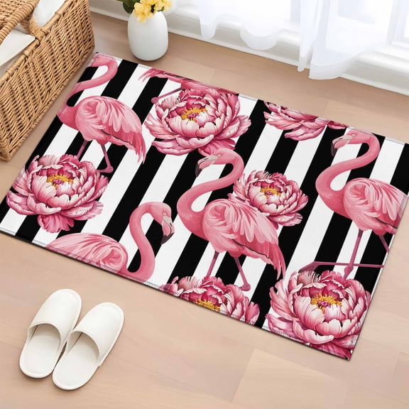 Rectangle Rug 2x3Ft, Tropical Pink Flamingo Flower Soft Non-Slip Washable Felt Carpet Pad, White Black Modern Stripe Area Rugs for Living Room Bedroom Kids Room