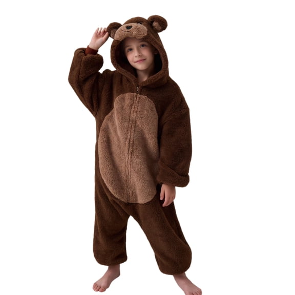 ABOYIART Unisex Kids Brown Bear Hooded Onesie Pajamas, Soft Flannel One Piece Sleepwear with Giant Pockets, Boys Girls Cosplay Homewear