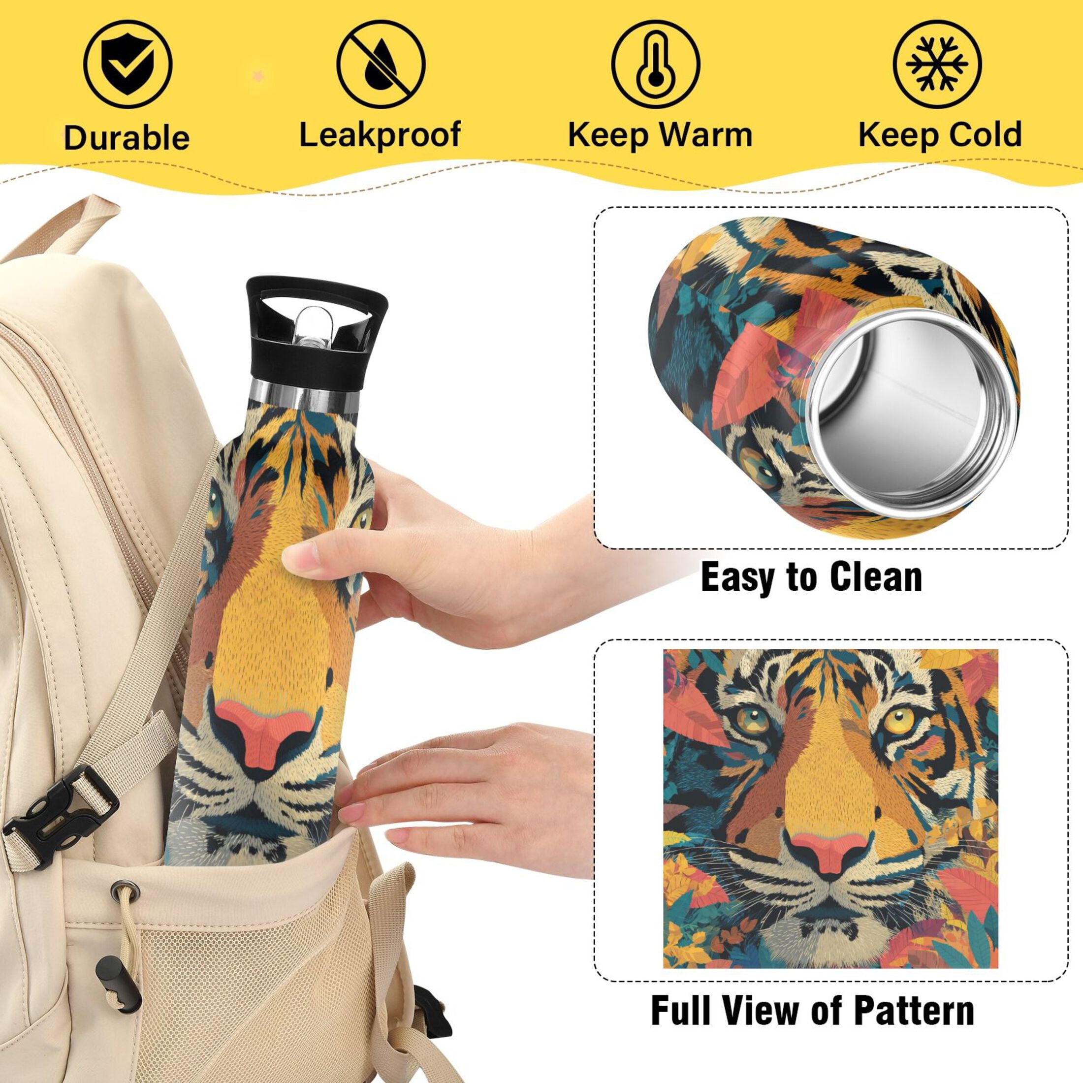 600ML Stainless Steel Insulated Cup Sports Water Bottle Portable Thermos Cup Water Glasses Insulated Tumblers Convenient and Durable Orange Tiger Cartoon
