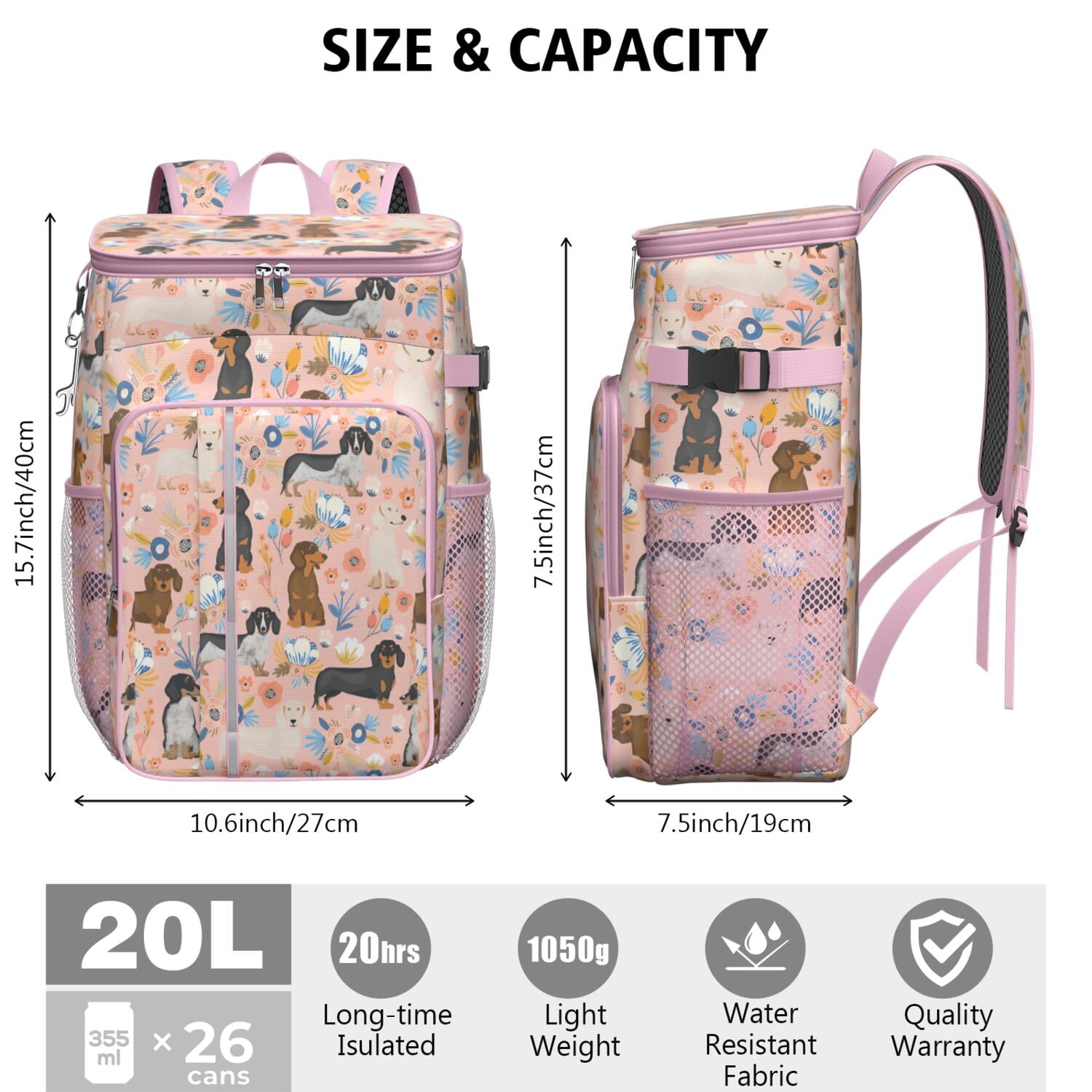 Travel Cooler Bag - Dachshund and Flower Camping Beer Cooler Backpack with Bottle Opener- Waterproof Insulated Picnic Backpacks - Cooler Bag for Beach