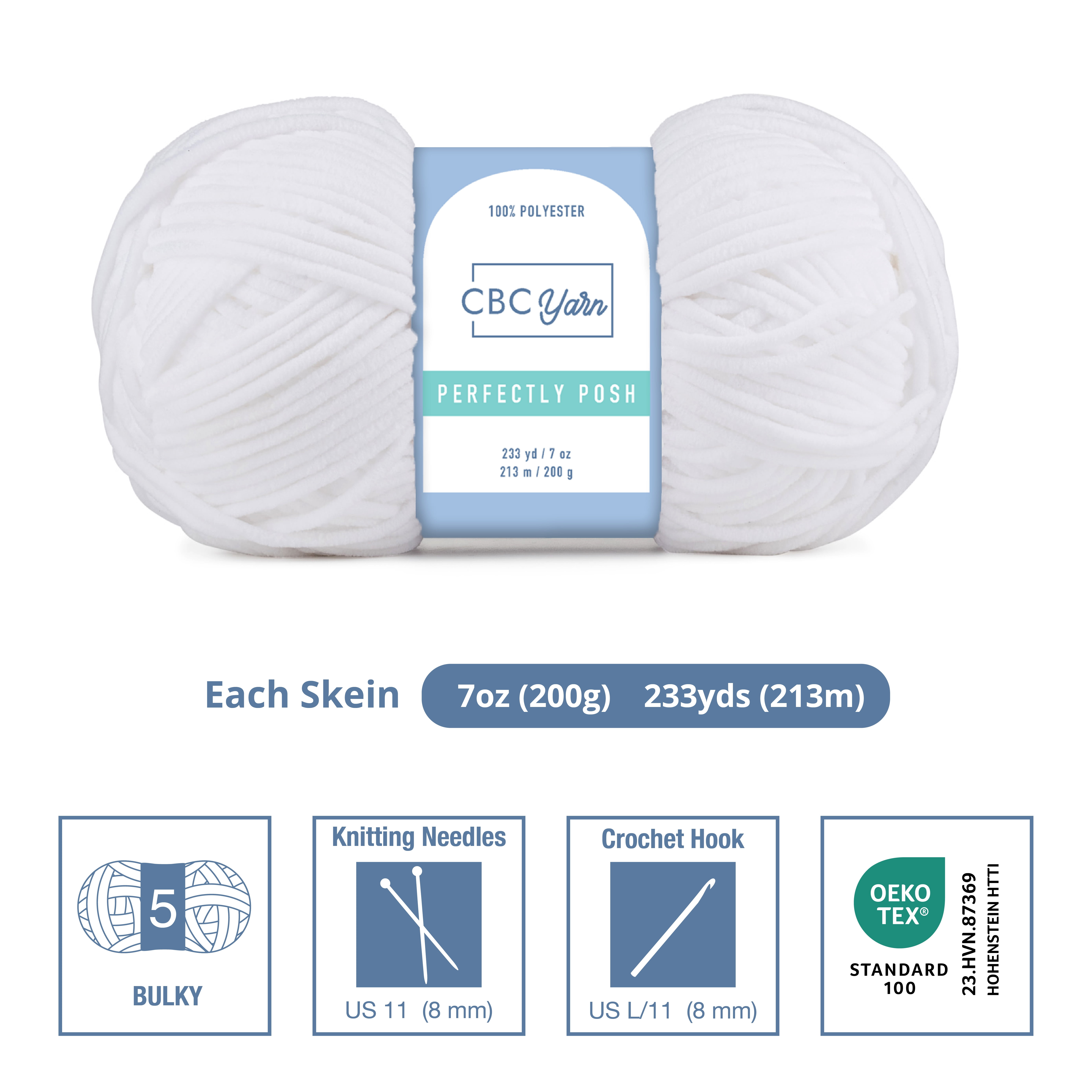 CBC Perfectly Posh Chenille Yarn for Knitting, Crocheting and Amigurumi - 2 Pack (7 oz / 200 g, 233 yards Each Skein), White, Gauge 5 Bulky