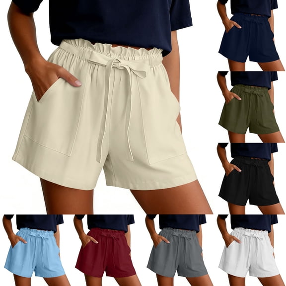 Women's Mid Rise Linen Blend Straight Leg Shorts, Tummy Smoothing with Elastic Waistband, Lightweight Relaxed Fit for Summer Travel, Beach Days, or Casual Outings, | CSEONE,Beige L