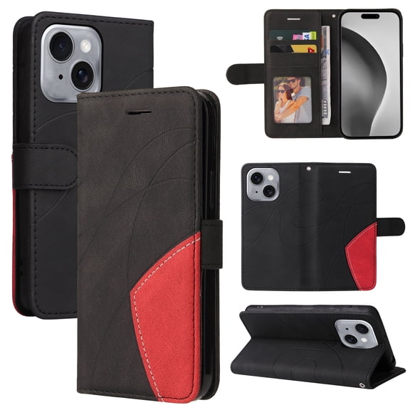 Designed for iPhone 15 Plus Wallet Case, [RFID Blocking] PU Leather Folio Kickstand [TPU Protective Interior Case], Magnetic Closure Card Slot with Hand Strap Shockproof Phone Cover,Black