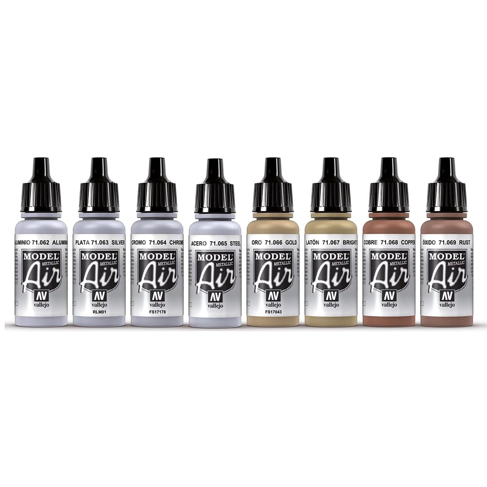 Vallejo Paints: Model Air Color Set - Metallic Effects - 16 Paint Colors - 18ml (.60oz) Bottles, Acrylics For Modeling & Miniatures, Opaque, Hobby