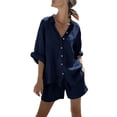 thumbnail image 7 of Women's Linen Short Sleeve Shirt and Shorts Set, Solid Color with Collar, Casual Summer Lounge Outfit, 7 of 7