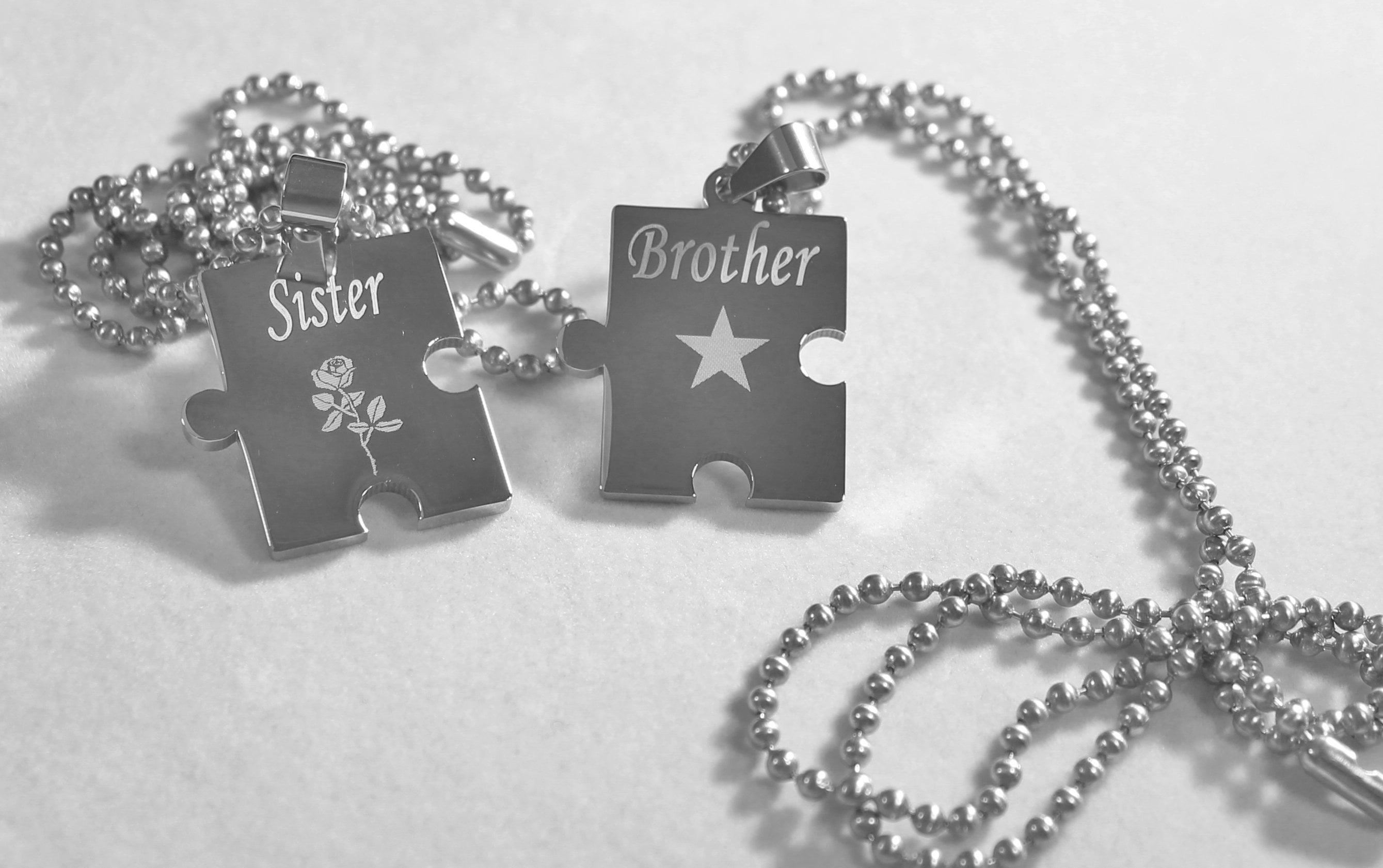 BROTHER SISTER PUZZLE PIECE TWO DOG TAGS, SOLID STAINLESS STEEL BALL ...