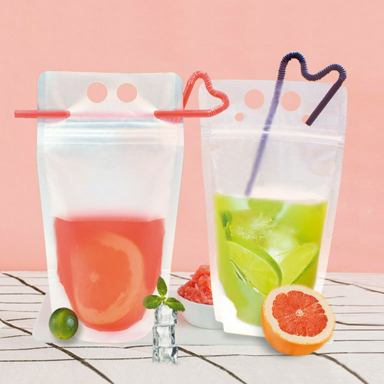 50 Pcs Drink Pouches for Adults,Frosted Translucent Drink Bags,Reusable  Juice Pouches Bags for Cold & Hot Drinks with 50 Straws & Funnel,AA15 