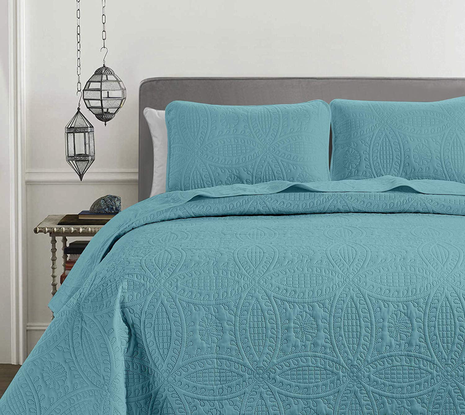 Turquoise Blue Embossed Oversized 3pc Quilt Set Coverlet Queen King Size Bedding 