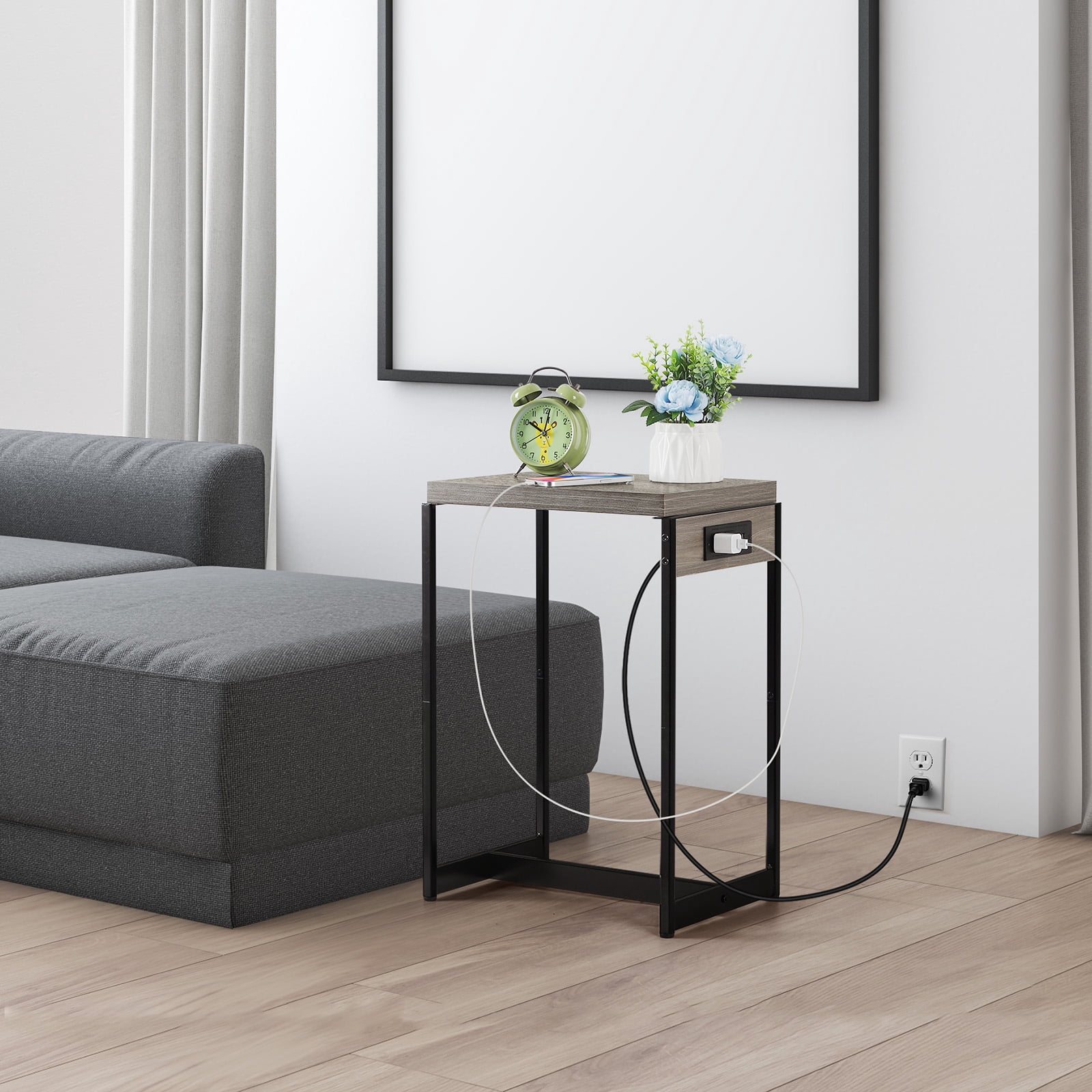 Set of 2 Nightstands Narrow Side Table End Table with USB Ports and Outlets, Gray
