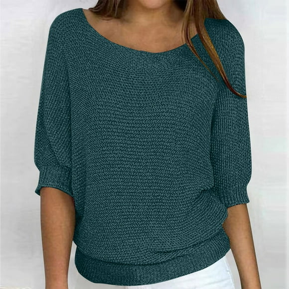 Suéter de cuello redondo para mujer, jersey de cuello redondo de color liso, jersey informal holgado de media manga, top de poliéster para mujer