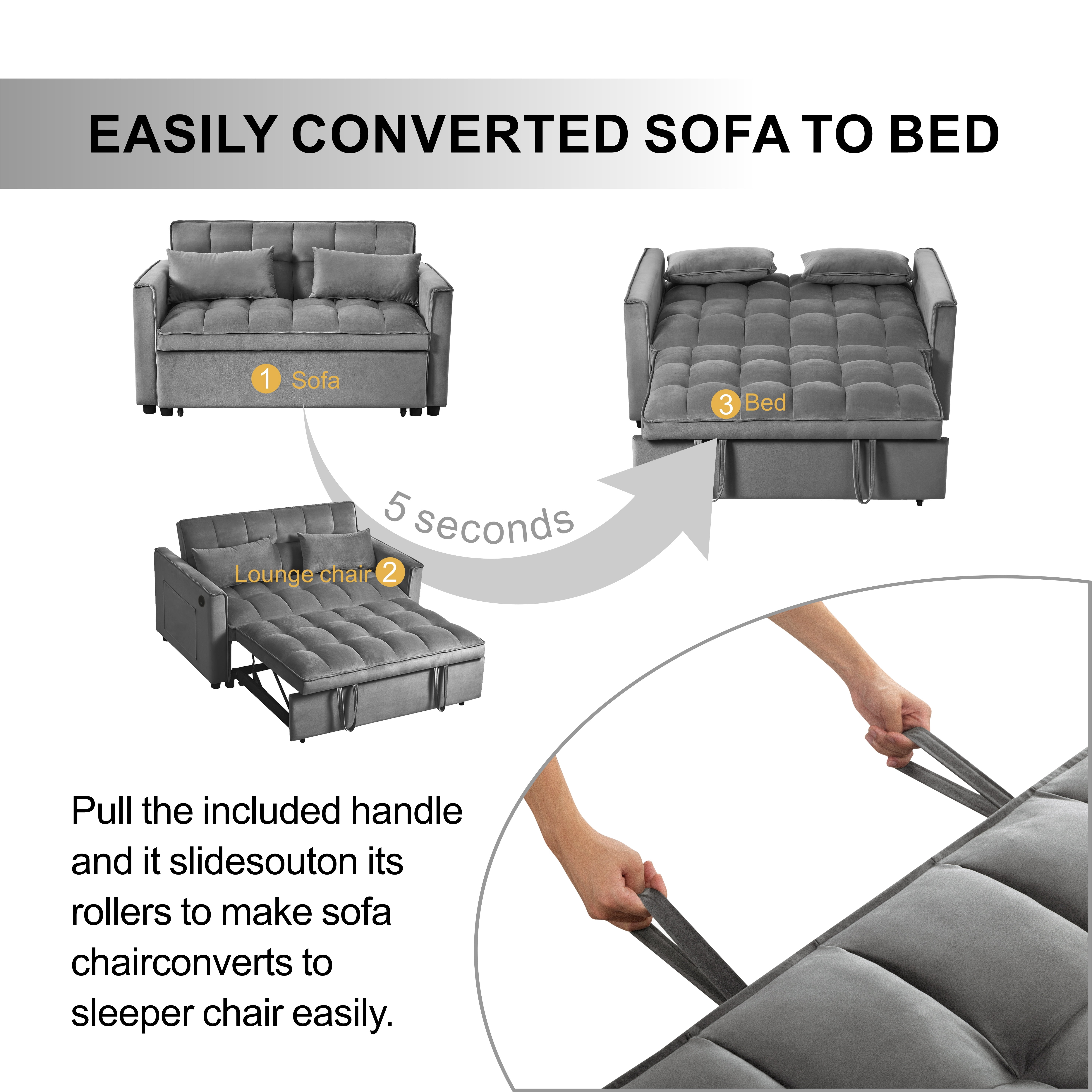Gewnee 3-in-1 Convertible Sofa Bed and Loveseat Sleeper, Velvet Pull Out Couch with USB & Side Pockets, Dark Grey, Living Room & Apartment