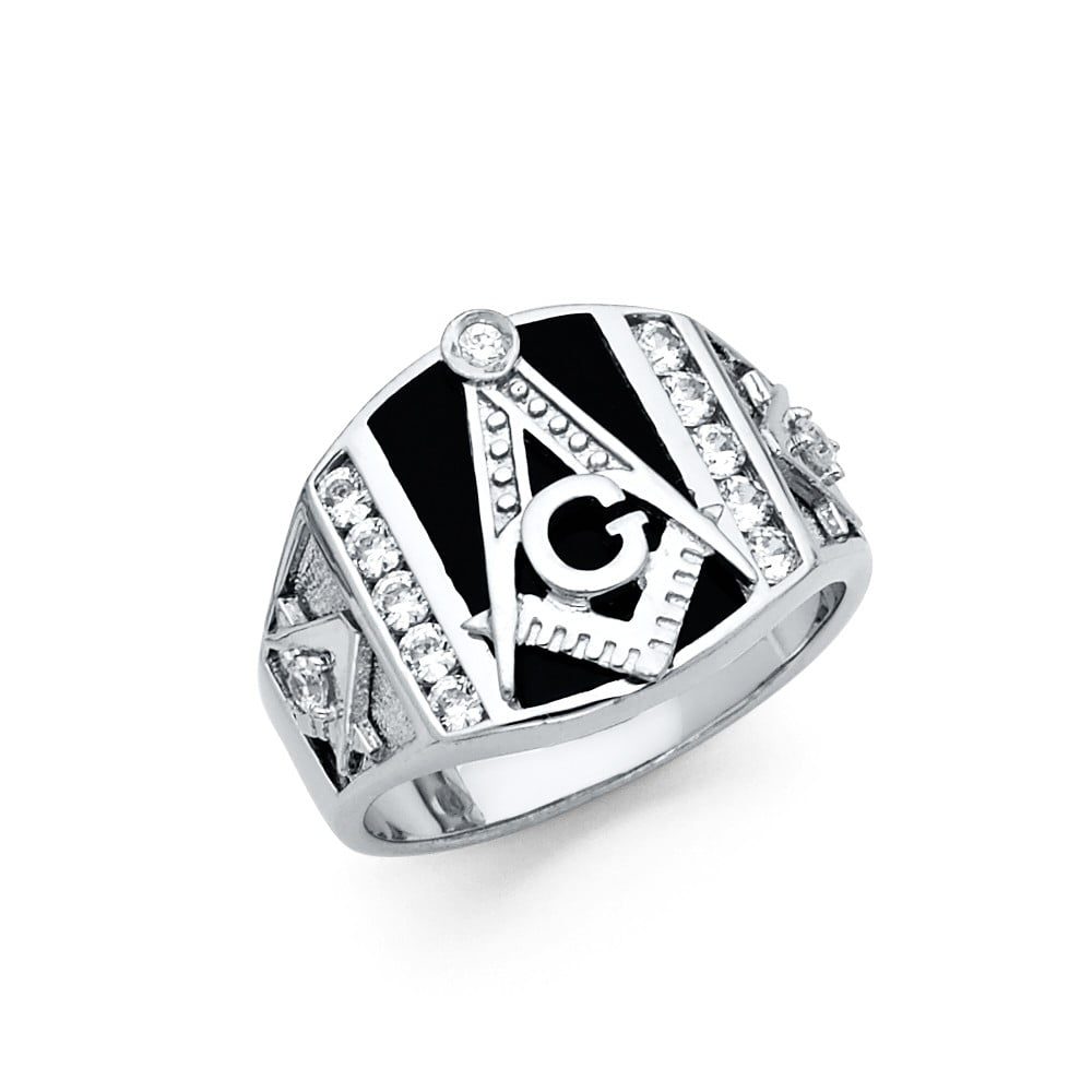 FB Jewels Solid Sterling Silver Mens CZ Cubic Zirconia & Onyx Ring