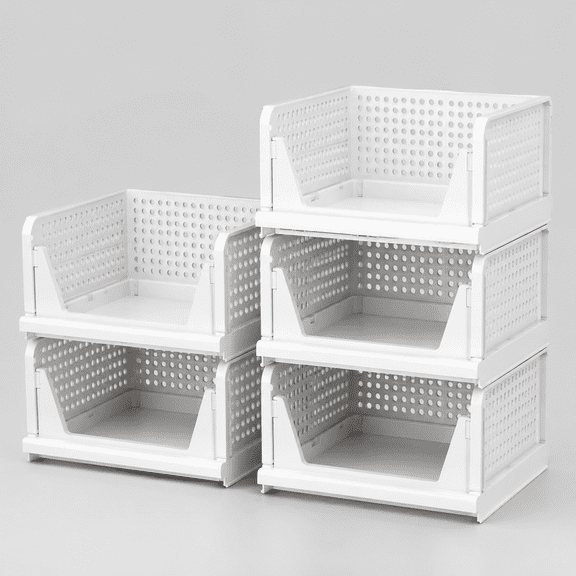 5 Pack Closet Organizers Stackable Storage Box | White Stackable Plastic Drawer Bins for Closets, Wardrobes, Kitchens, Bathrooms, Offices