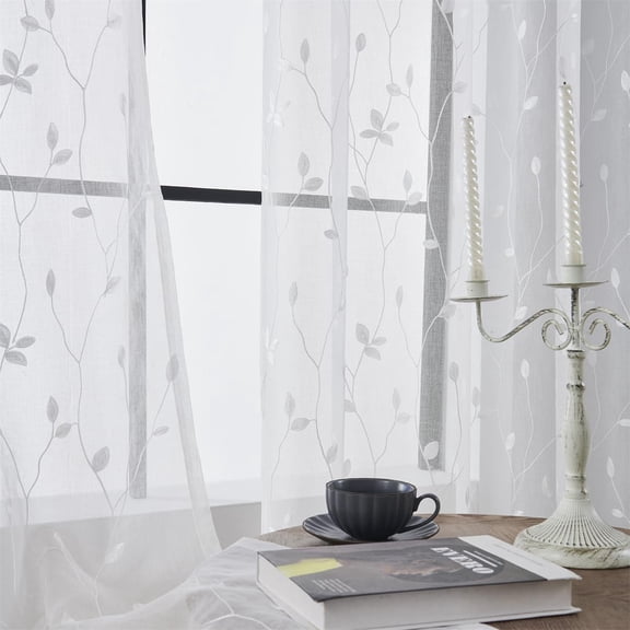 GYROHOME White Leaf Pattern Embroidered Sheer Curtains, Semi Voile Rod Pocket,52x63x2