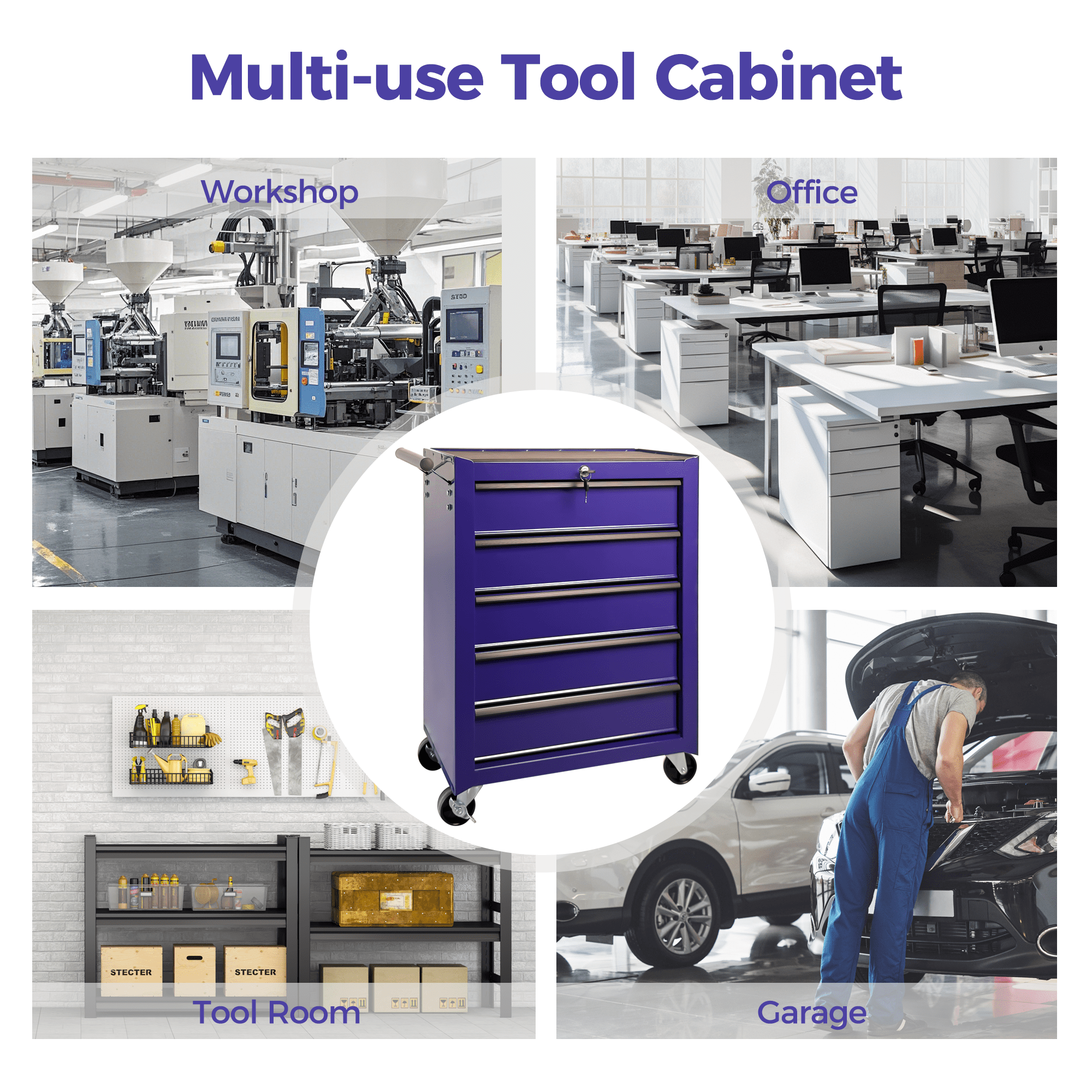 Rolling Metal Tool Chest,20 Inch 5-Drawer Tool Storage Cabinet with Lockable Casters & Steel Top Work Surface, Removable Tool Box, Mobile Tool Cart Organizer for Garage Workshop,Purple