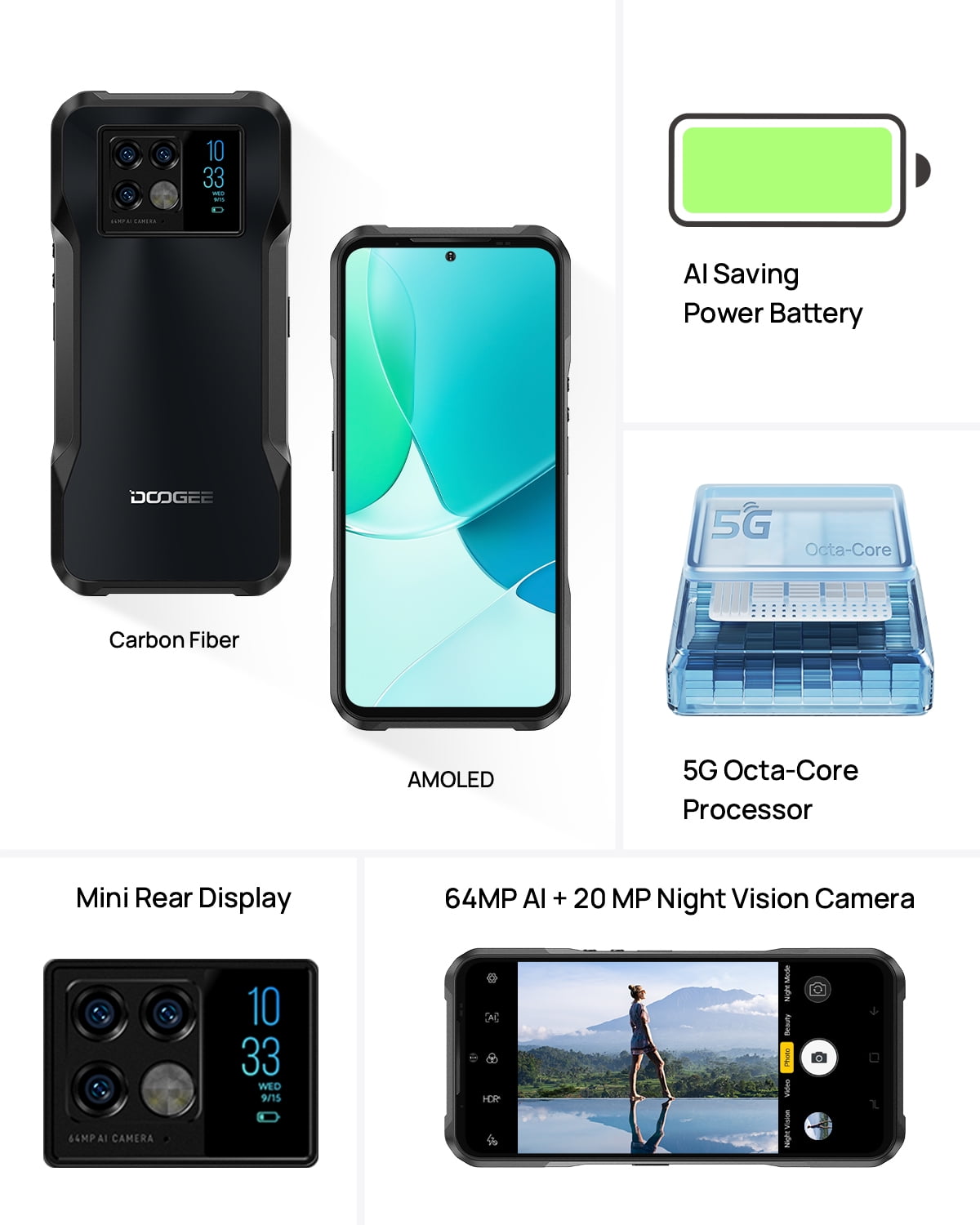 Buy DOOGEE V20 (2022) 5G Rugged Cell Phone, 6.43” AMOLED, 64MP+20MP IR