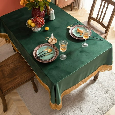

European Tassel Velvet Tablecloth Square Dinner Table Cover Retro Decoration Dark Green