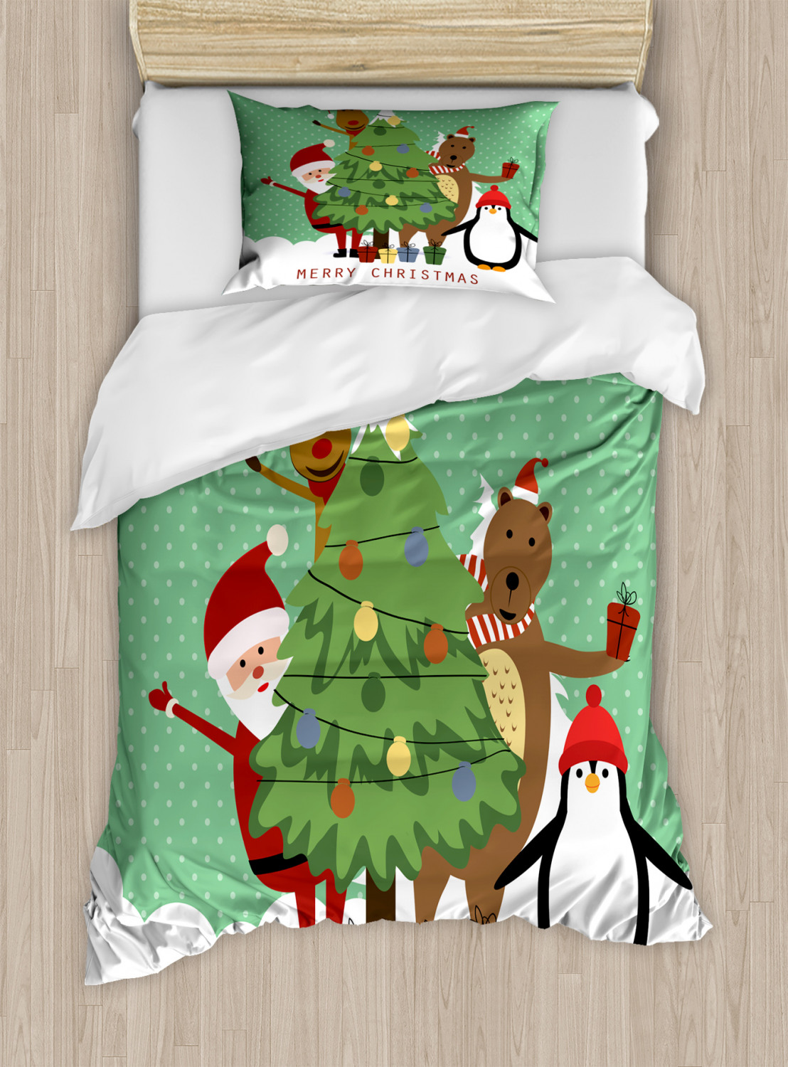 Christmas Duvet Cover Set Twin Size, Waving Santa Bear Reindeer and