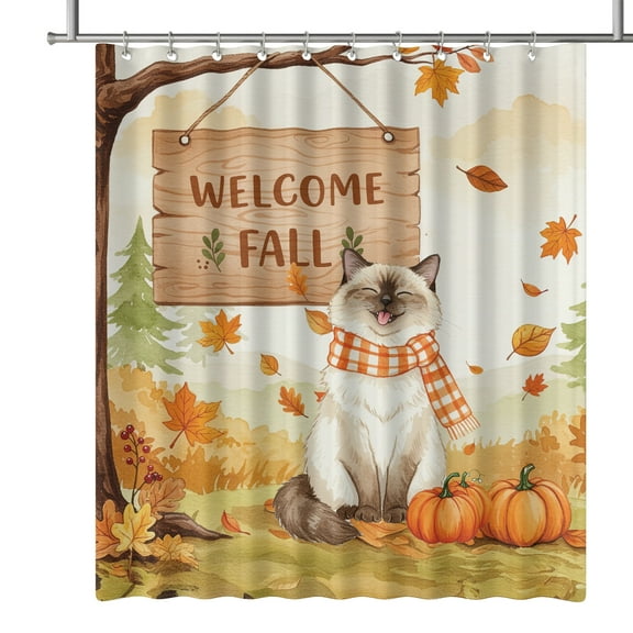 Welcome Fall Ragdoll Cozy Autumn Field Pumpkins Golden Leaves Shower Curtain Cat Lover Kitten Owner Gifts Idea Waterproof Bathroom Bathtub Curtain - 12013