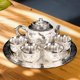 thumbnail image 5 of Elegante juego de tetera con bandeja para servir, 4 tazas de té y agua potable, regalo para adultos, color blanco Blanco plateado, 5 of 9
