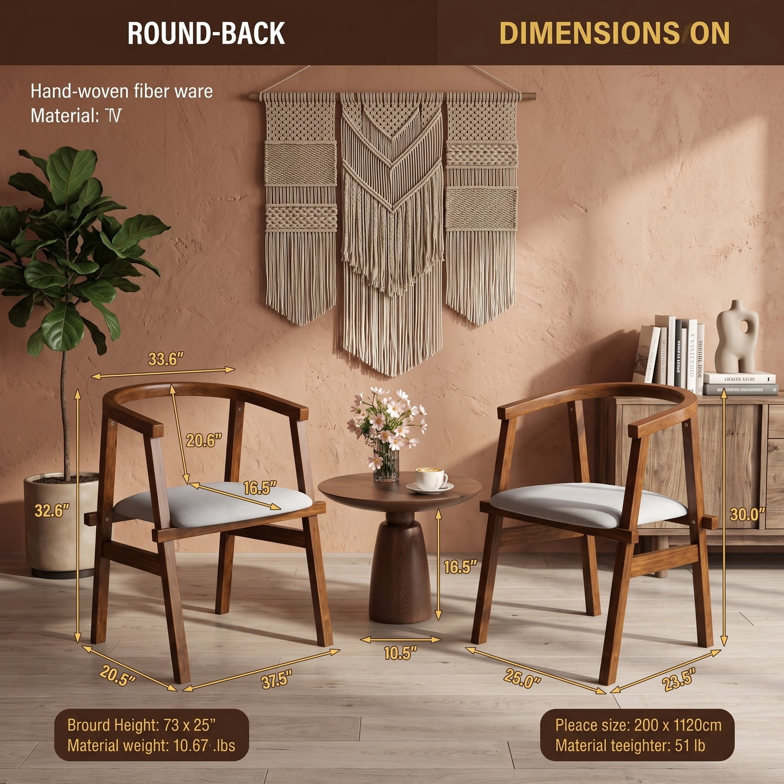 Furnibear Set of 2 Solid Rubber Wood Dining Chairs, Upholstered Wrap-Around Armrest Kitchen Side Chairs with Curved Backrest for Home Dining Room, Walnut & Beige