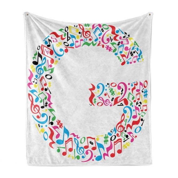 Letter G Soft Flannel Fleece Blanket, Majuscule G and Music Inspired Theme Colorful Musical Notes Alphabet Artwork Print, Cozy Plush for Indoor and Outdoor Use, 60" x 80", Multicolor, by Ambesonne