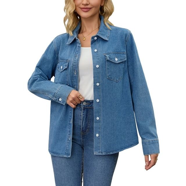 CHAQUETA DE JEAN PARA MUJER INSPIRE CHIC, MANGA LARGA, CIERRE DE BOTÓN, CON BOLSILLOS CON SOLAPA, CHAQUETA DE MEZCLILLA LIGERA, TALLA XL, AZUL