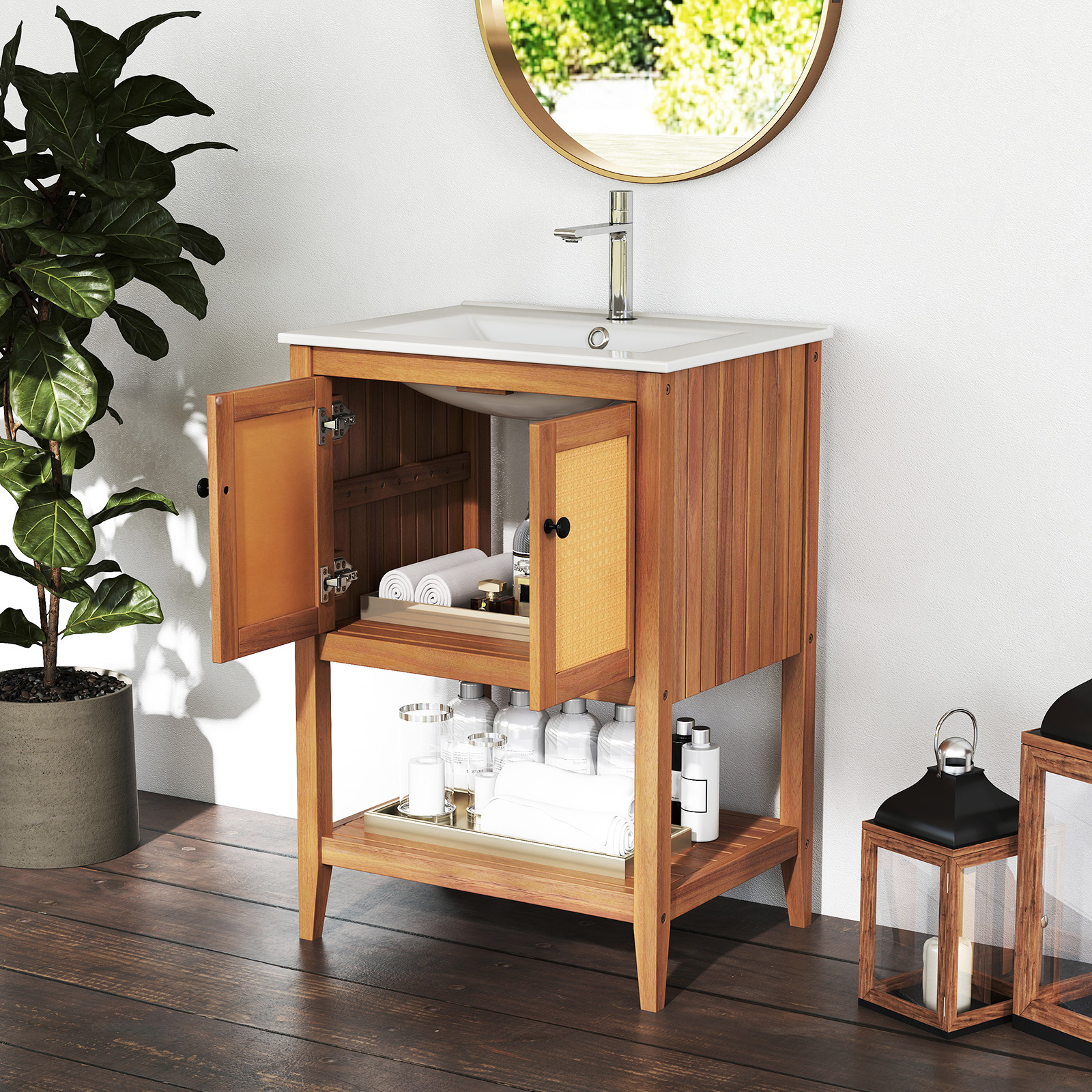 Gymax 24'' Bathroom Vanity w/ Sink 2 Rattan Doors & Open Slatted Shelf Freestanding