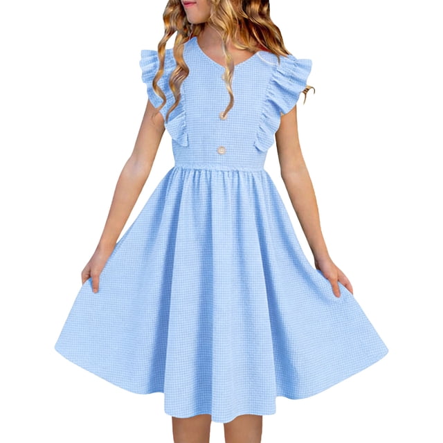 Ashirexll Robe de Vacances Sans Manches pour Filles Polyester Col Rond Longueur Genou Style Princesse Bordure à Volants Bretelles Spaghetti Bleu 7-8 Ans