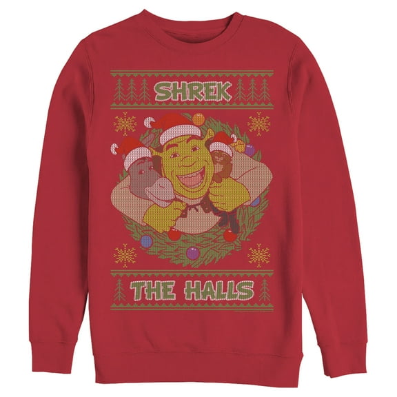 Men's Shrek Ugly Christmas Deck the Halls Sweatshirt Red 2X Large
