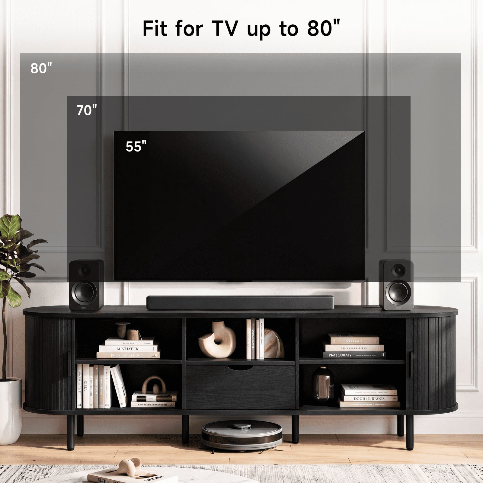 ROGALIS 69 Inch TV Stand features a built-in power outlet is Compatible with up to 80 inches TVs, Includes ample storage, drawers, adjustable shelves, and a sliding door design, black