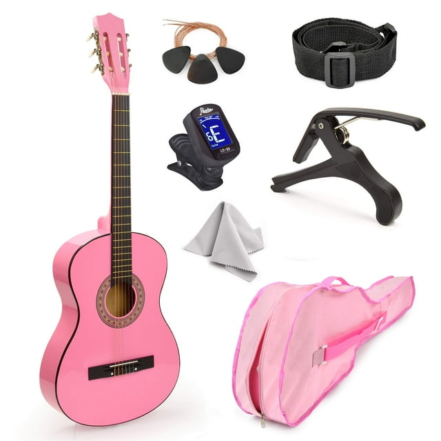 Guitarra clásica de madera de 30" con estuche y accesorios para niños/niñas/niños/principiantes (rosa)