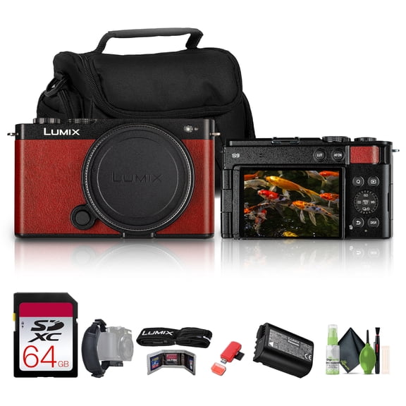 Panasonic Lumix S9 Mirrorless Camera (Red)   64GB Memory Card   Travel Bag   Cleaning kit   Hand Strap   Memory Card Wallet   USB Card Reader, SD/microSD   More