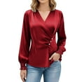 thumbnail image 2 of Holiday Blouses for Women,Womens Elegant Satin Pleated Blouse Solid Color V-Neck Silky Soft Smooth Office Casual Everyday Work Top Red S, 2 of 7