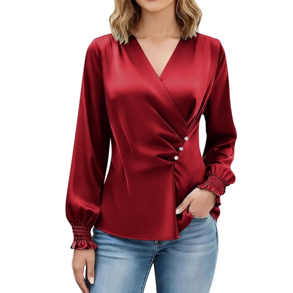 HongQid Womens Silk Business Dressy Casual Blouses V Neck Long Sleeve Pleated Spring Fall Tops Work Trendy Outfits