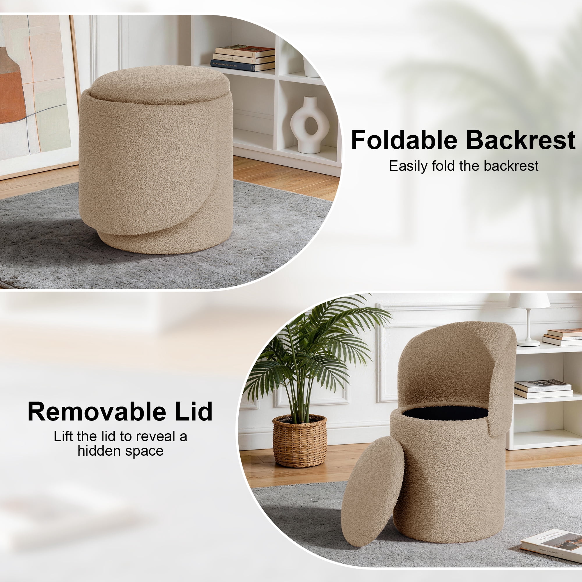 GEEYOO Modern Round Vanity Storage Stool,Sherpa Upholstered Ottoman with Foldable Backrest and Removable Lid,Comfy Makeup Stool for Bedroom Living Room,Khaki