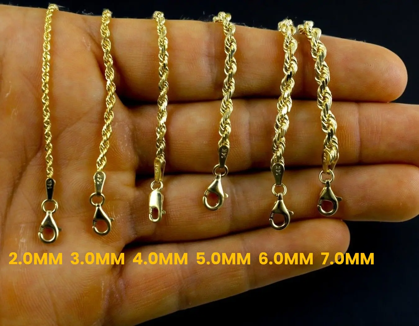 14K Yellow Gold Solid Rope Chain Necklace Diamond Cut Real Men Women Jewelry 6.0mm | 22 Inches