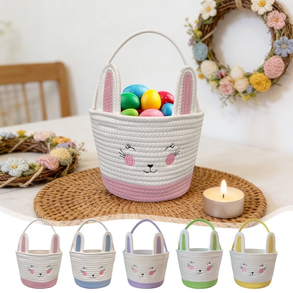 Easter Basket,Large Blue Easter Bunny Basket with Ears,Cute Woven Cotton Rope Storage Basket With Handle,Gift Basket Empty for Teen Toddler Adults,Eggs Hunt Gifts Candy Party Supplies