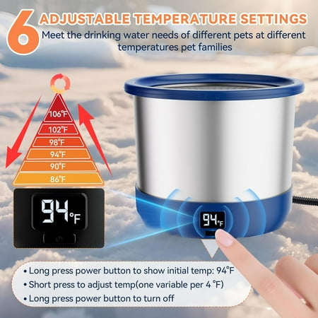 3.5L Heated Water Bowl, Stainless Steel Heated Dog Bowl with Digital Display and Adjustable Temperature, Heated Slow Drinking Feeder Provides Warm Water for Outdoor Dog, , Chicken, Duck