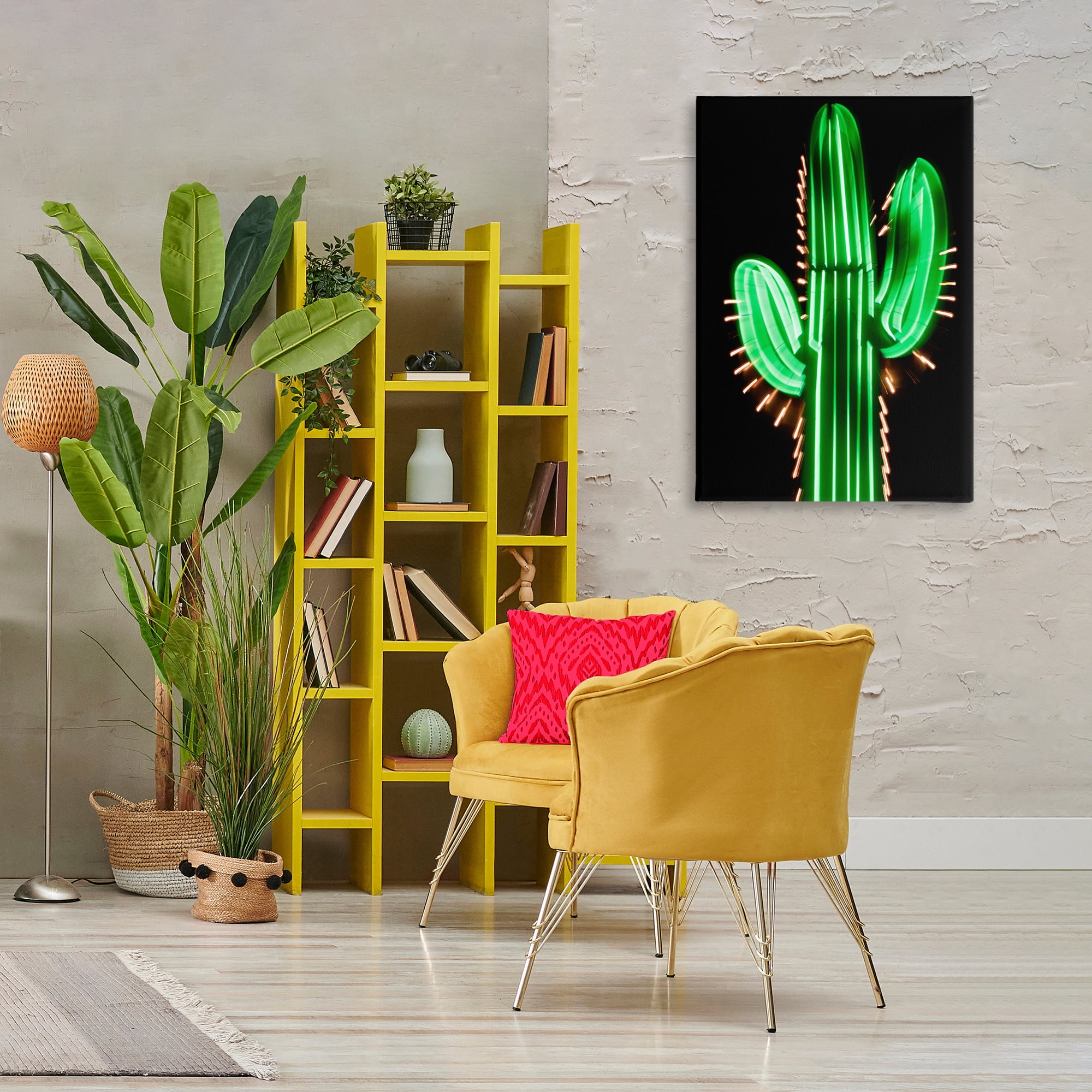 Stupell Industries Neon Lights Cactus Botanical & Floral Painting Gallery Wrapped Canvas Art Print Wall Art, 24 x 36