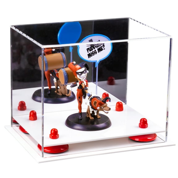 Versatile Acrylic Display Case - Small Rectangle Box with Mirror, Red Risers and White Base 8.25" x 6" x 6.75" (A003-RR)