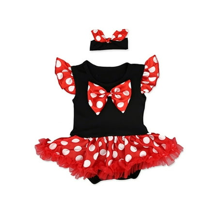 

EYIIYE Baby Girl Mickey Princess Dress Polka Dot Printing Bowknot Fly Sleeve Patchwork Dress with Bowknot Headband 0-18 Months