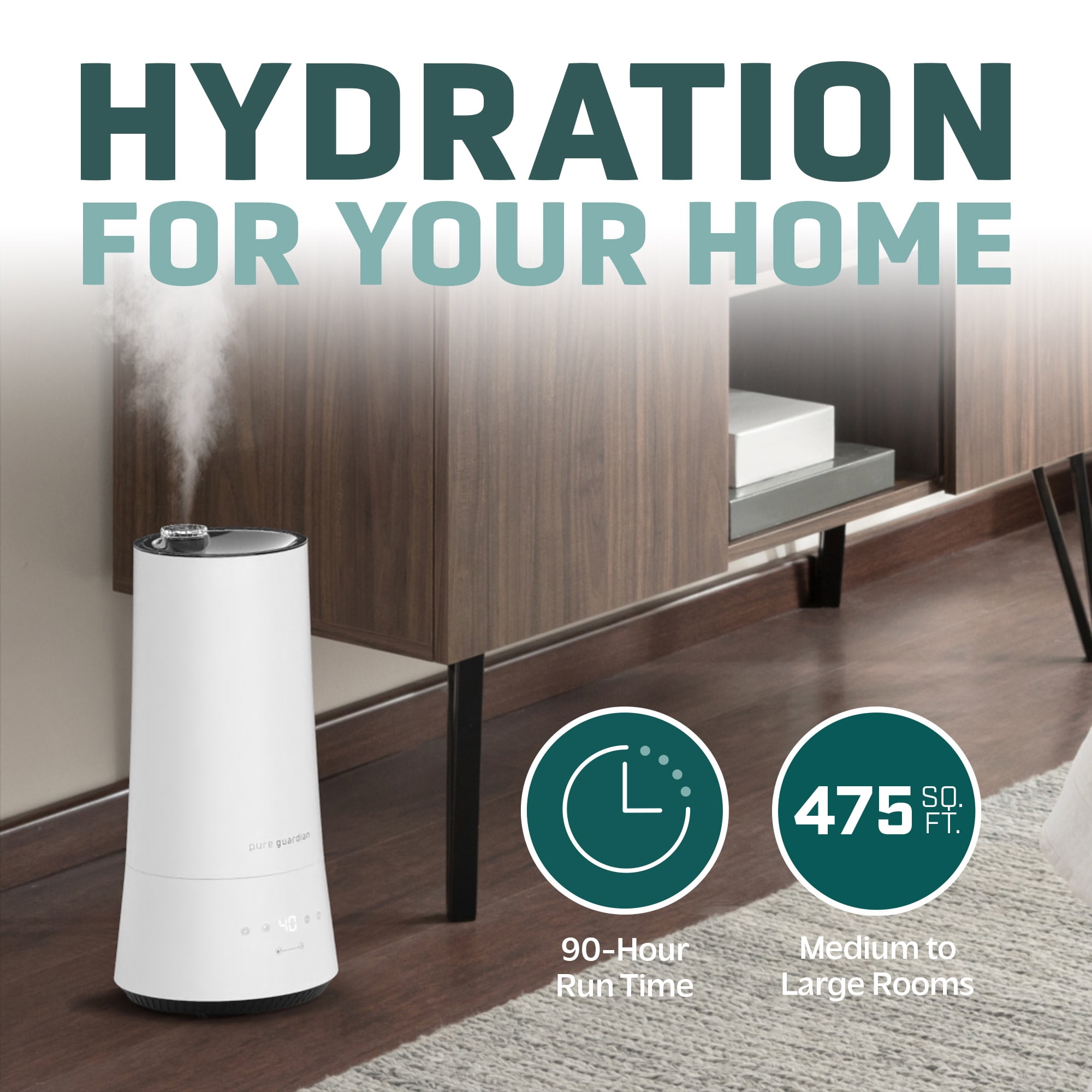 PureGuardian 475 Sq. ft. 90-Hour Cool Mist Ultrasonic Humidifier with Humidistat, 1.6 Gallons, H997W