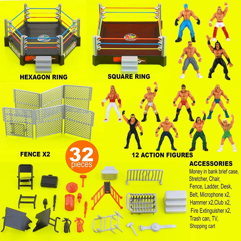JDS Toy Store 32 Piece Mini Wrestling Playset with Action Figures and Accessories Kids Toy with Realistic Wrestlers 2 Rings Included