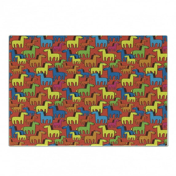 Horses Cutting Board, Colorful Cartoon Stallion Characters Abstract Farm Animals Mane Silhouettes Doodle, Decorative Tempered Glass Cutting and Serving Board, Small Size, Multicolor, by Ambesonne
