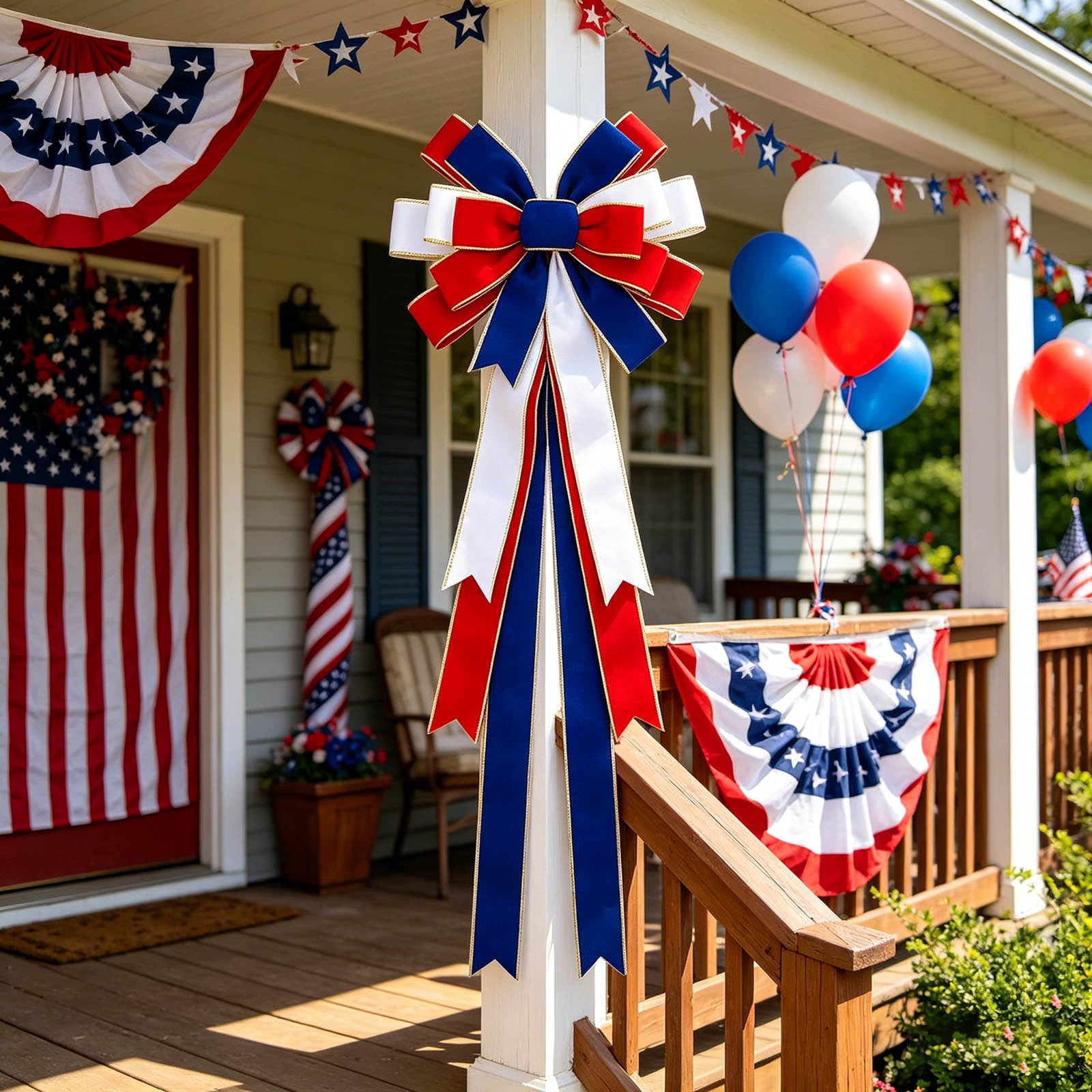 Patriotic Red White Blue Bow Ornament, 4th of July Handmade Ribbon Bow with Gold Trim, Large Independence Day Door, Porch, and Wreath Decor for Home, Party, and Holiday Celebrations