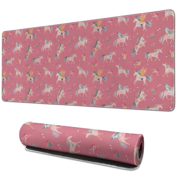 Long Mouse Pads for Desk,Pink Unicorn Pattern Desk Mats on Top Of Desks, Desk Mouse Pad Extra Large with 3mm Non-Slip Base and Stitched Edge for Gaming,Office,Work,Home 31.5"x11.8"