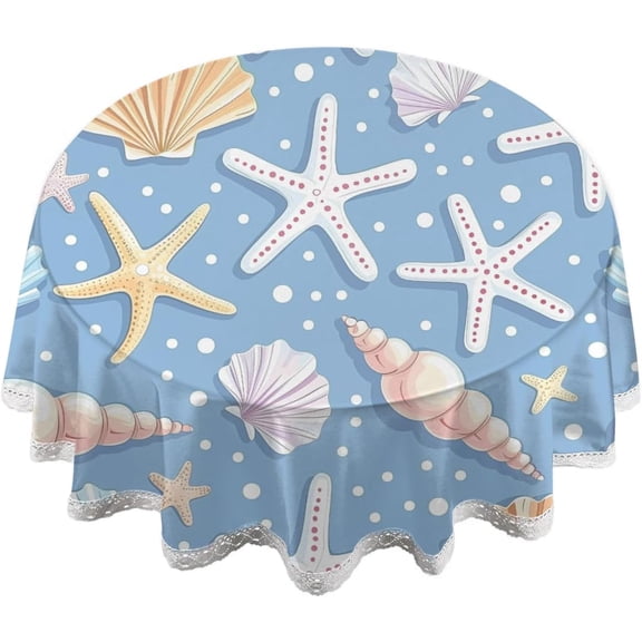 Verolix Coastal Starfish Seashell Round Tablecloth 60 Inch with Lace Trim, Decorative Ocean Theme Table Cover for Dining Table
