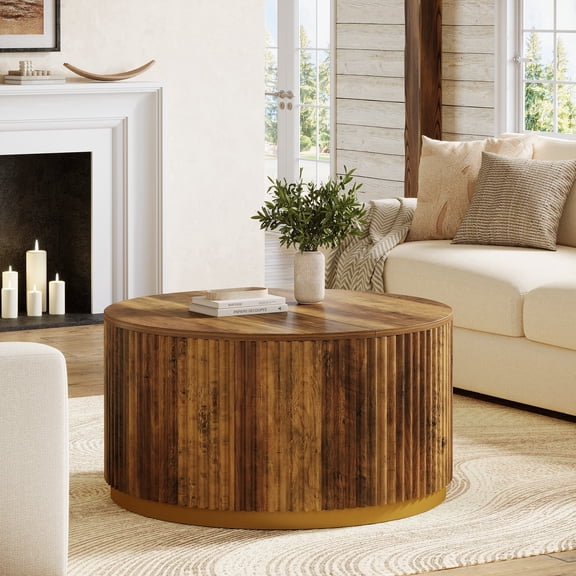 Tribesigns 31.5 inch Round Coffee Table, Fluted Wooden Center Table for Living Room, Small Space or Office, Rustic Brown